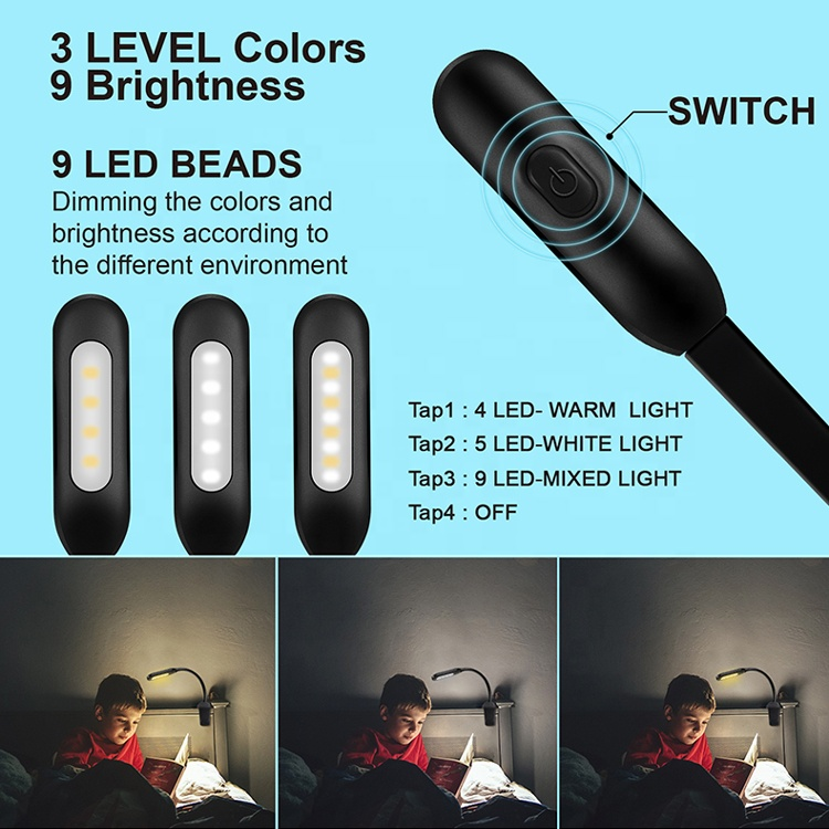 Book Light, Reading Light, Clip on Light, Reading Lamp, Rechargeable 9 LED