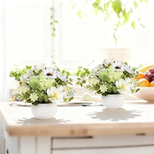 2 PCS Easter Decorations, Easter Artificial Egg Flower Potted Table Green