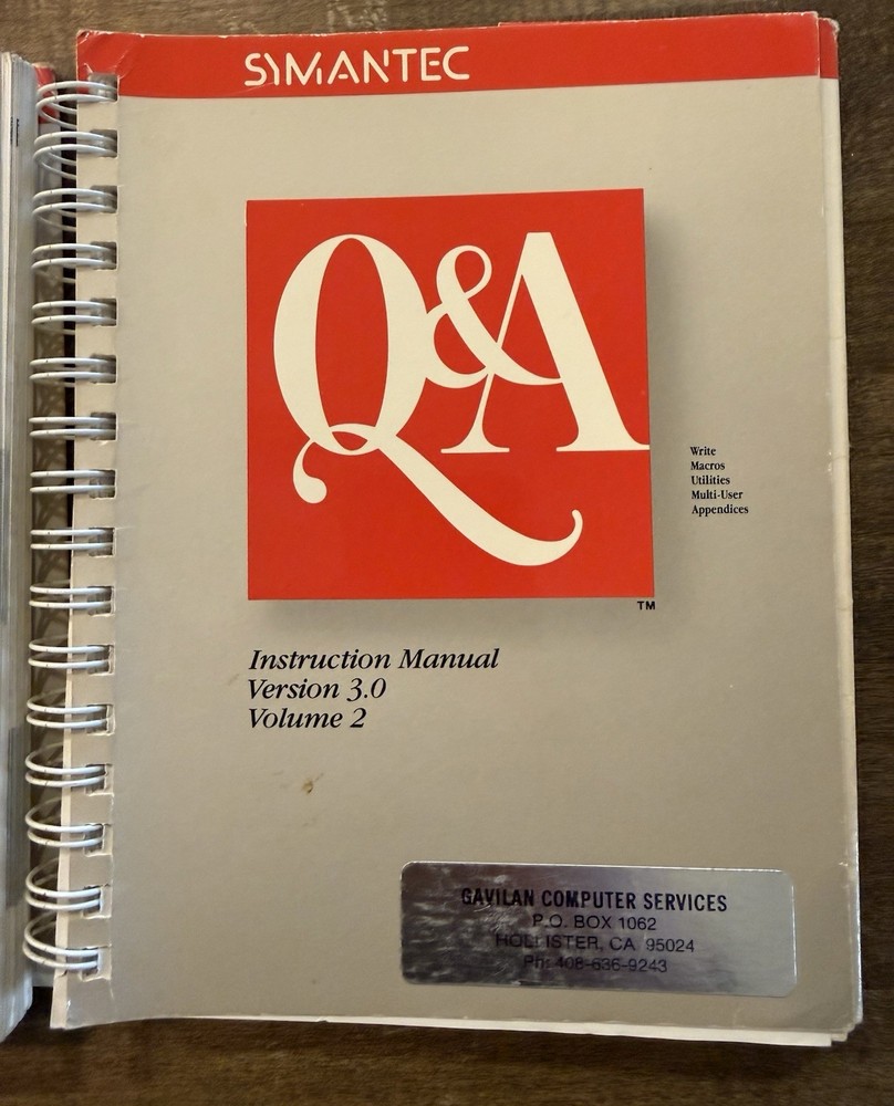 Symantec Q&A Instruction Manual Version 3.0 Volume 1 & 2 Vintage Software Guide