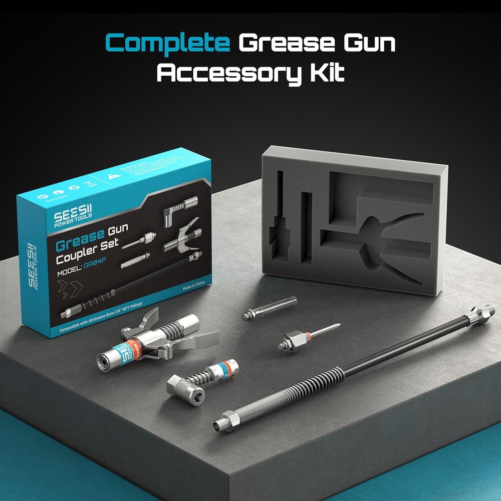 Seesii Grease Gun Accessory Kit, Includes Quick-Release Coupler, 90 Degree Gr...