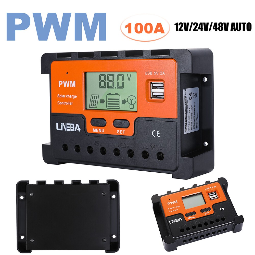 30/60/100A PWM Solar Panel Charge Controller 12V/24V/48V Battery Regulator 2 USB