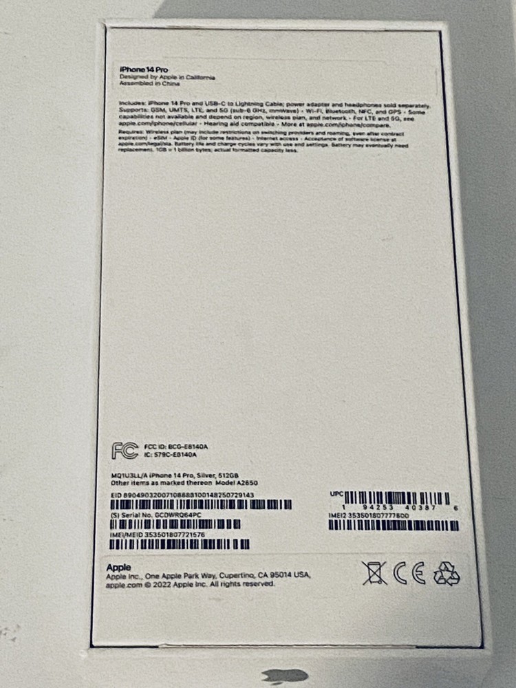 Apple 14 Pro Empty Box With Stickers Only Silver A2650 512 GB