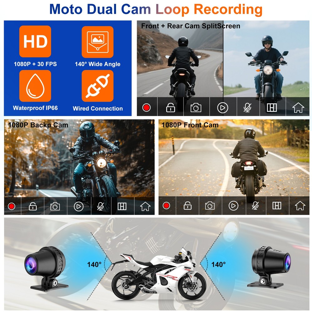 7" Motorcycle CarPlay Android Auto Stereo Remote Controller Dual 2K Dash Cam /BT