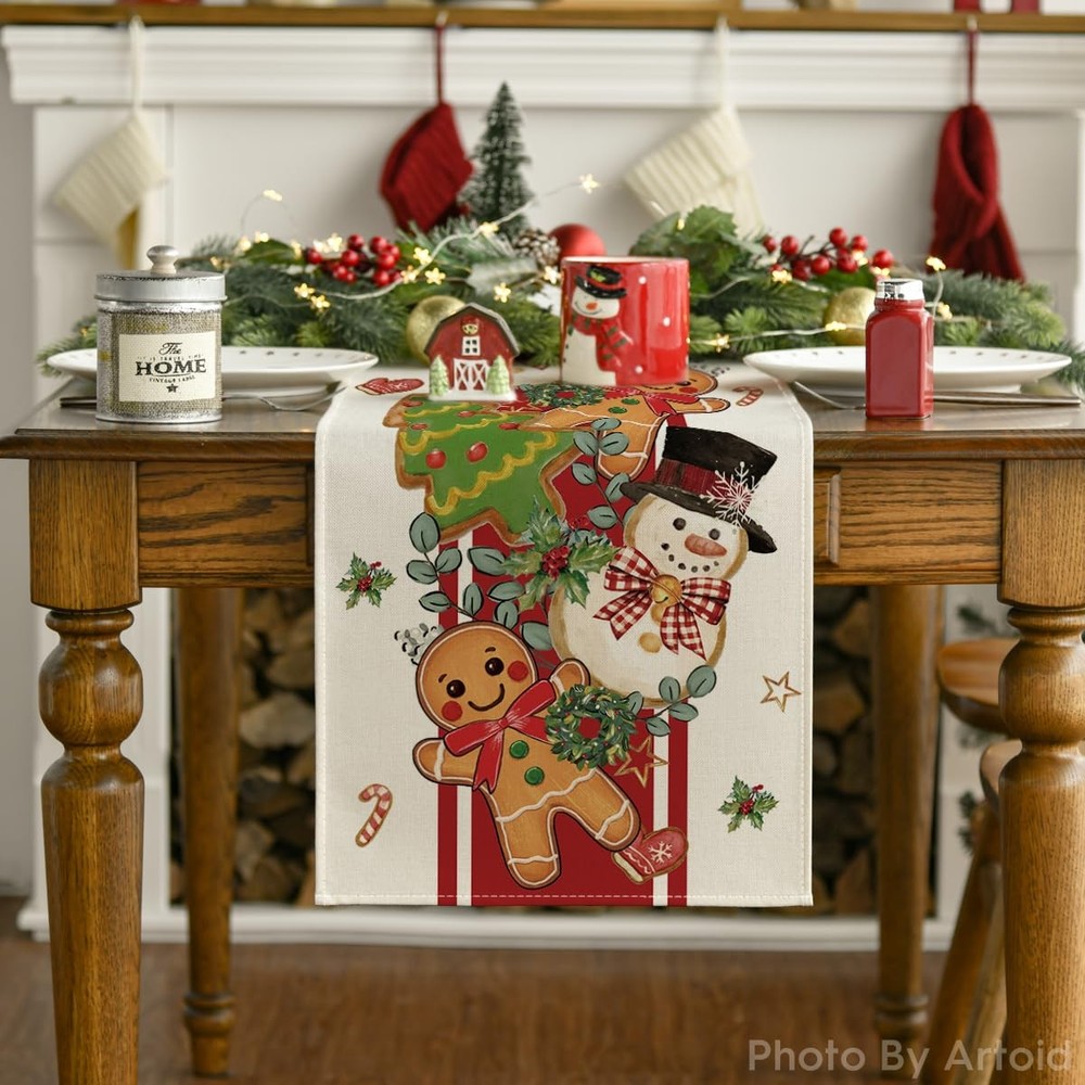 Christmas Decorations Gingerbread Snowman Tree Candy Table Runner Gift 13"x72"