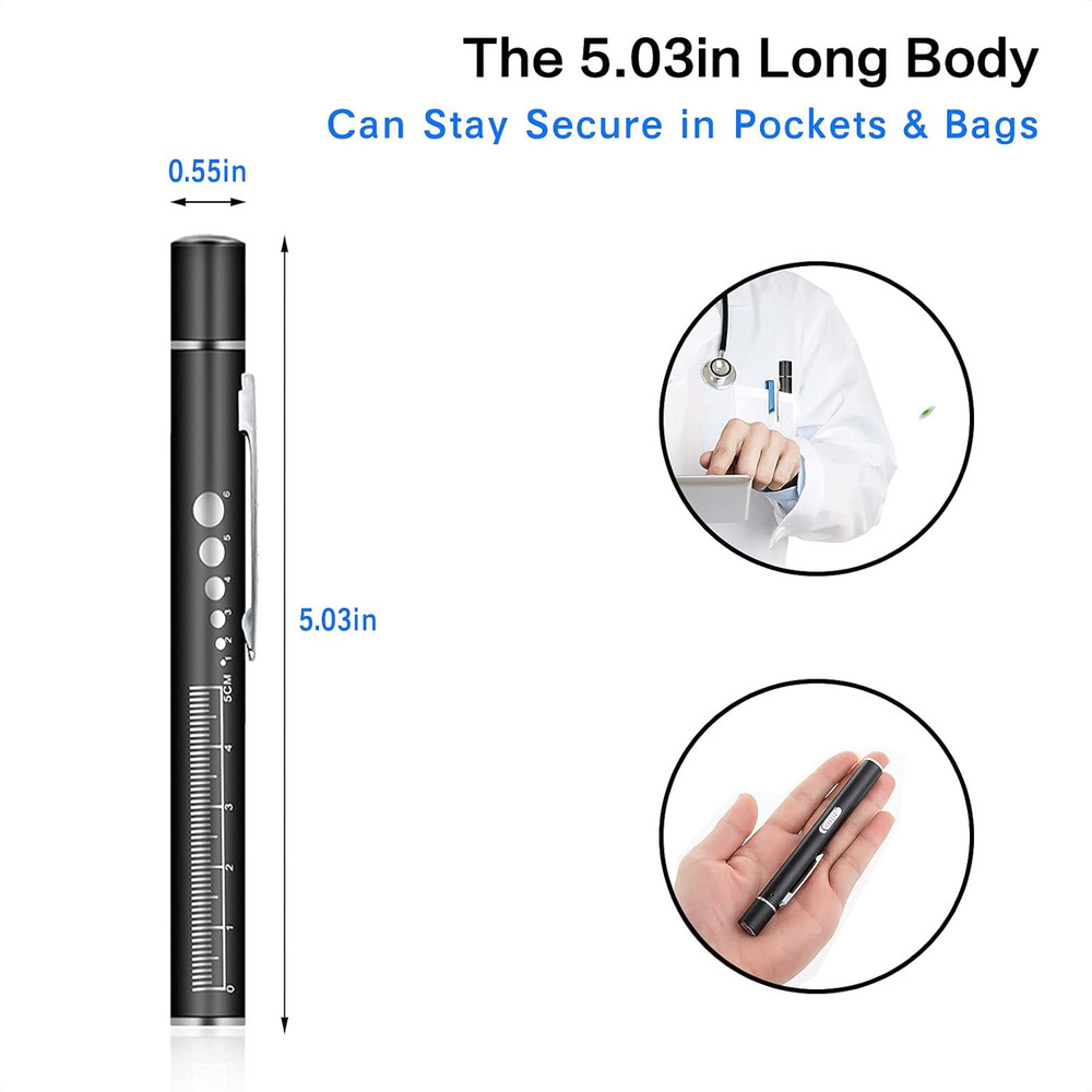 USB Rechargeable Pen Light Black Reusable LED for Students Doctors Nurses with 2