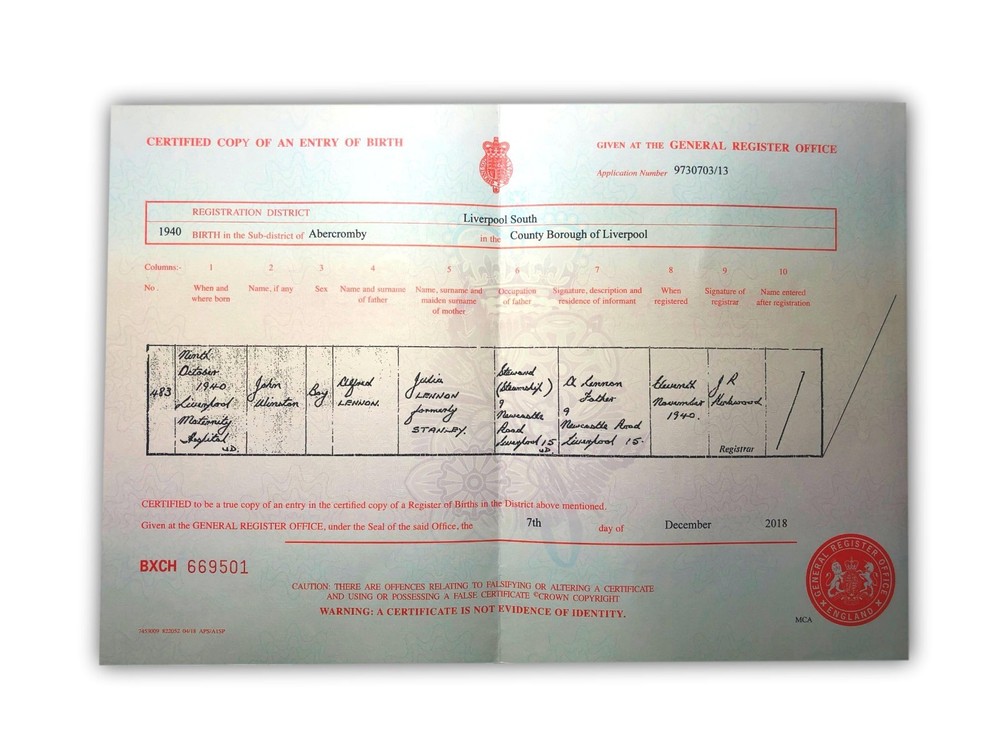 John Lennon Authentic Certified UK Birth Certificate Copy Authentic Beatles