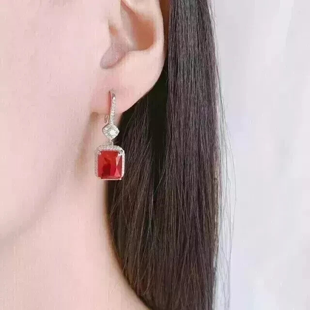 4Ct Emerald Cut Lab Created Red Ruby Drop Dangle Earrings 14K White Gold Plated