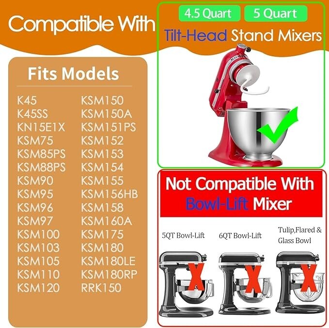 2 Pack K45DH Dough Hook Replacement for KitchenAid KSM90 K45 Stand Mixer Coated