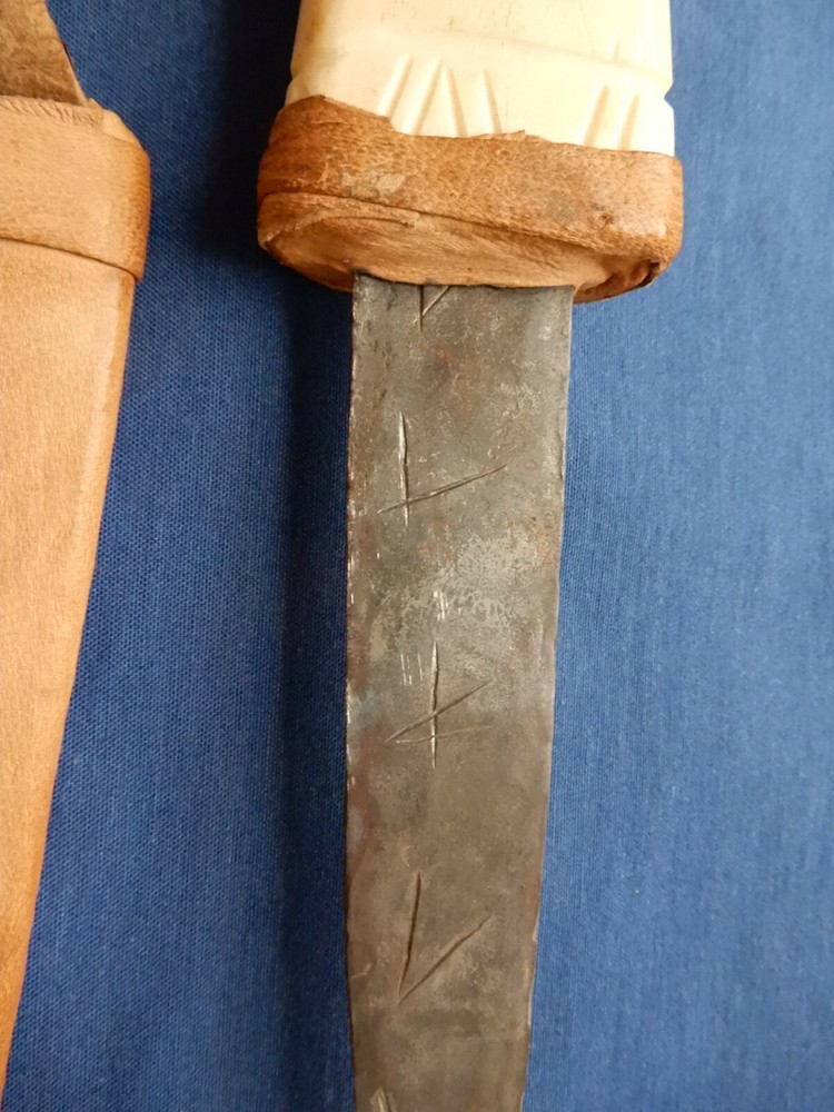 Bone Handle Ceremonial Dagger & Custom Leather Sheath 12 1/2", 7 1/2" Blade