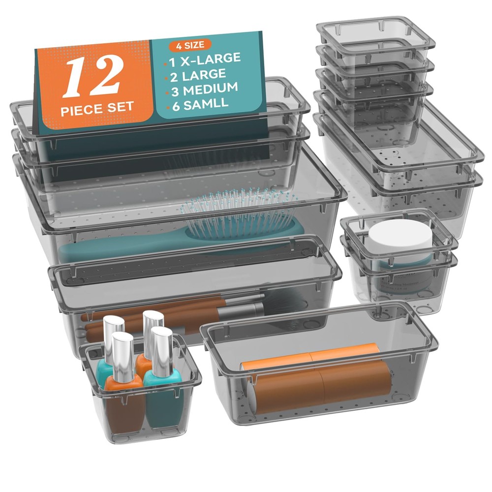 12Piece Drawer Organizer Set, 4 Sizes Versatile Plastic Vanity Organizer for ...