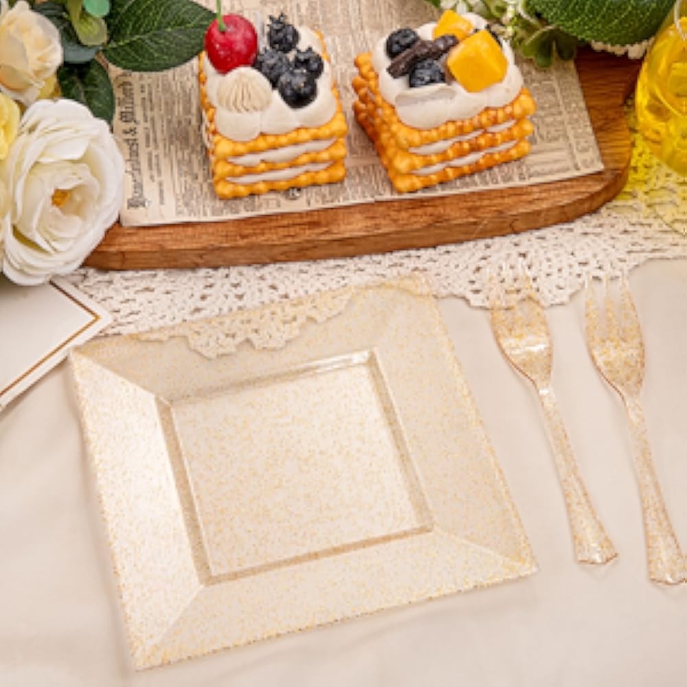 DaYmi Gold Dert Plates Including Appetizer Plates, Plastic Forks,
