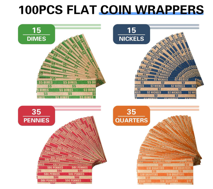 ESSENTIAL 100 pcs Assorted Packed Flat Stripped Coin Wrappers, Coin Rolls Wrappe