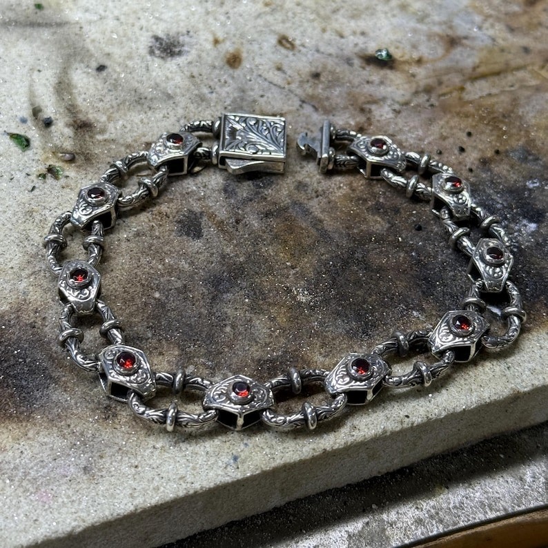 Men Silver Ruby Hand-Engraved Bracelet, Red Ruby Gemstone Chain Bracelet
