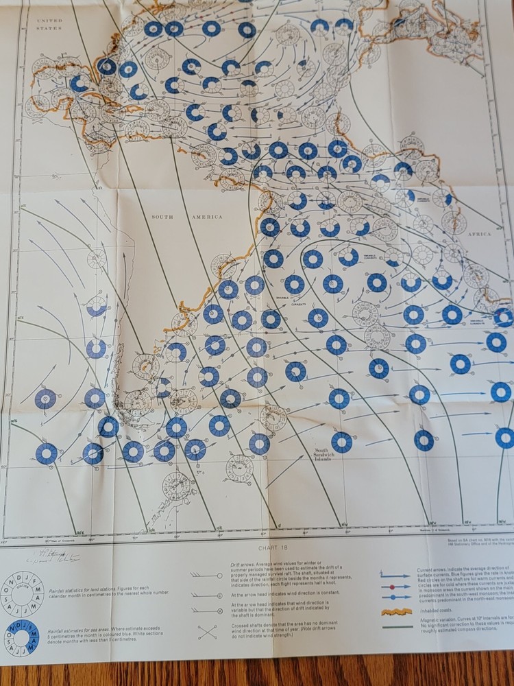 Vintage Hydrographic US Navy Pilot Chart / Atlantic & Eastern Pacific Oceans Map