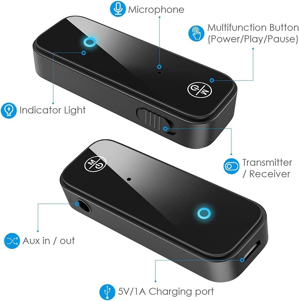 Compact 2-in-1 Bluetooth 5.3 Adapter for Cars: Receiver/Transmitter Solutions