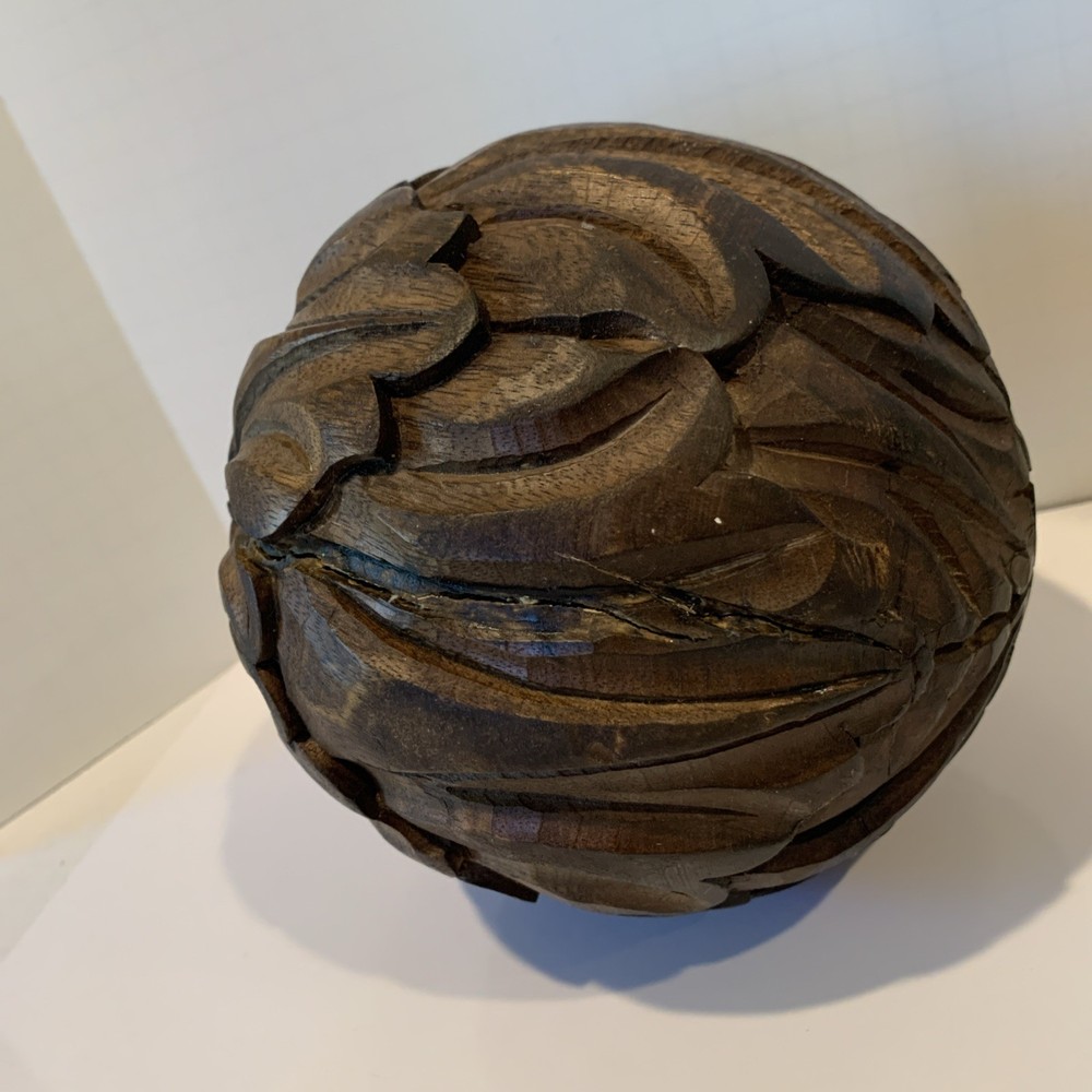 Primitive Hand Carved Solid Wood Sphere 6.5” Diameter Heavy