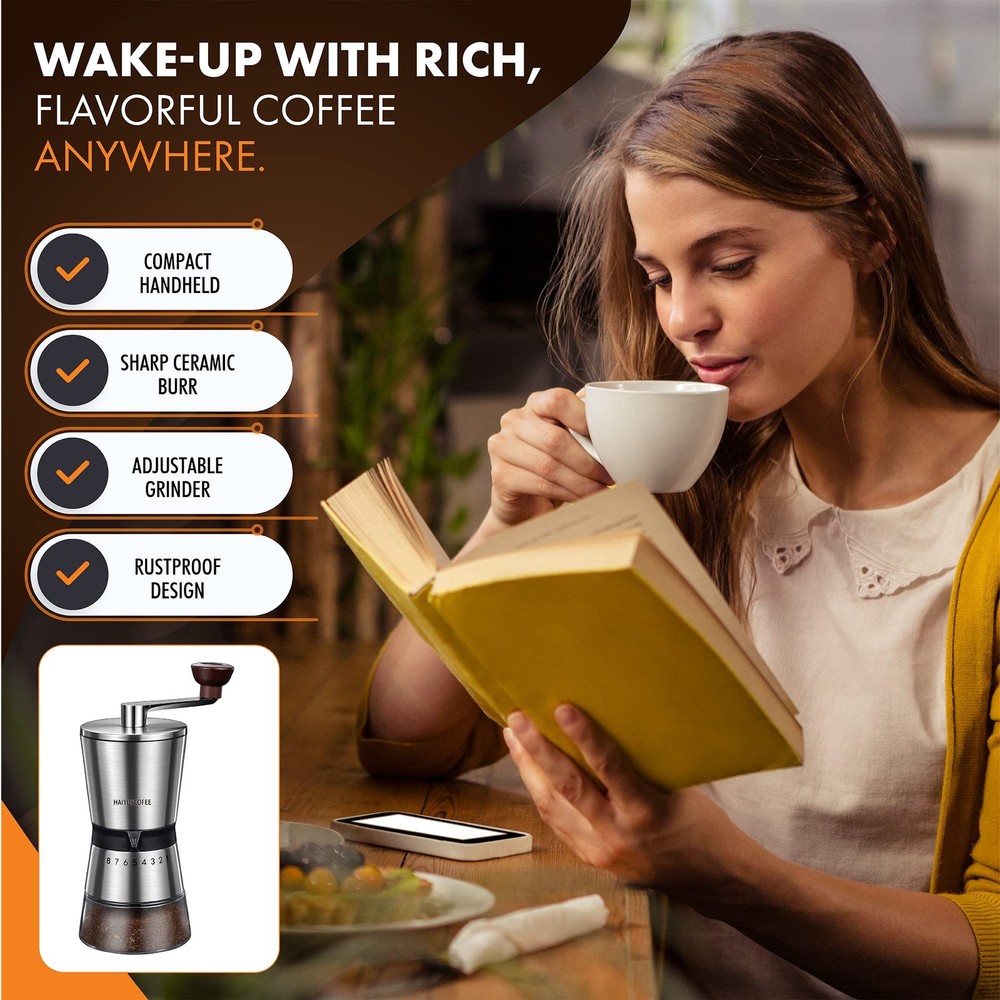 Manual Coffee Grinder with 8 Adjustable Coarseness Settings Hand Crank Mill