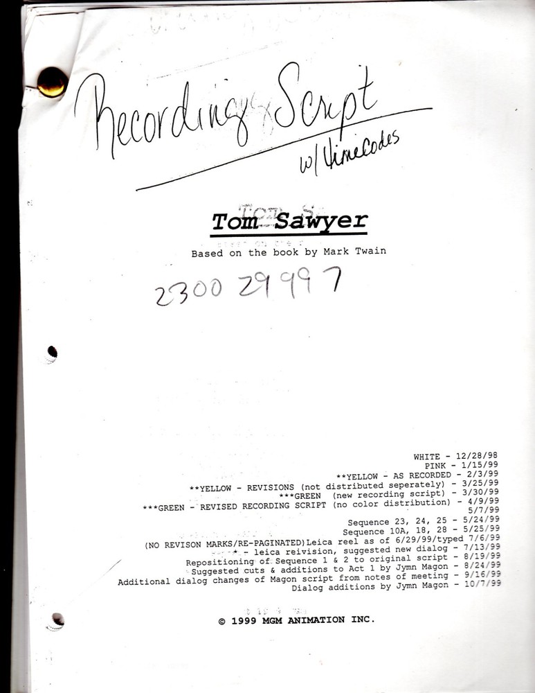 MGM Animation: "Tom Sawyer" Original Recording Script 10/7/1999