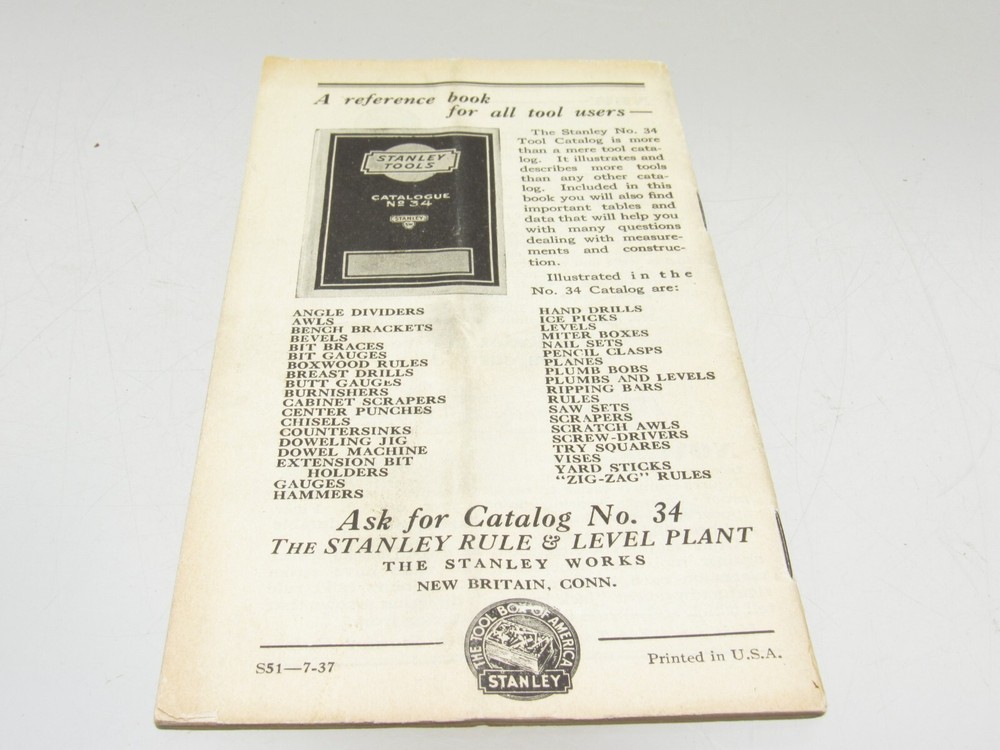 Original 1937 Stanley Rafter and Framing Square Catalog Tool inv TP152