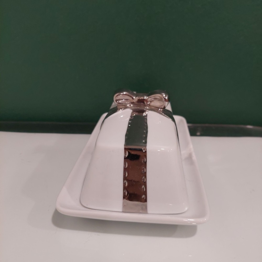Ceramic Butter Dish White with Silver Bow Handle Beekman Home