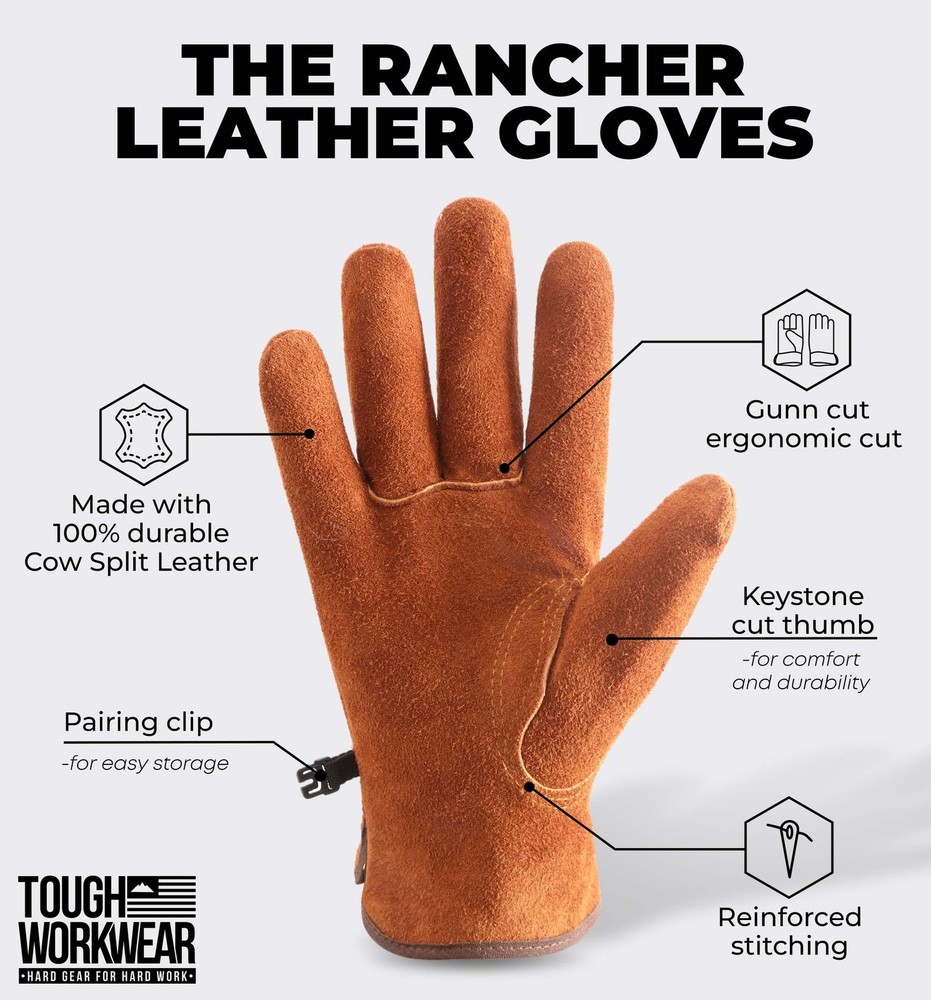 Tough Workwear Leather Work Gloves - Cow Split Leather Gardening Constructio...