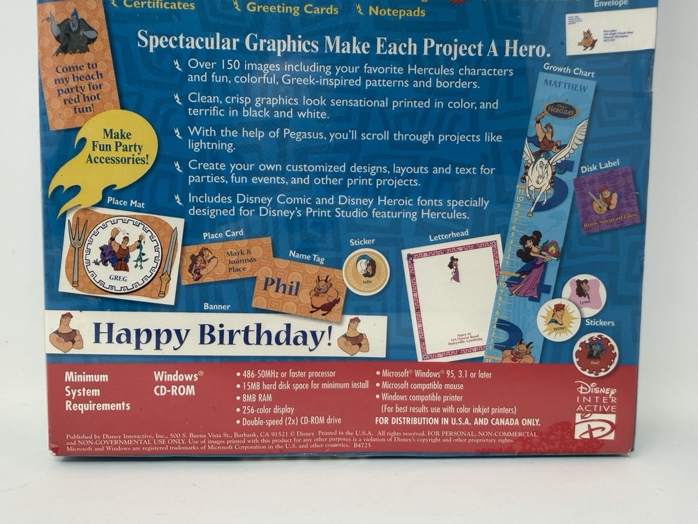 Disney's Print Studio Hercules CD ROM Software Windows 95 Create Banners Diaries