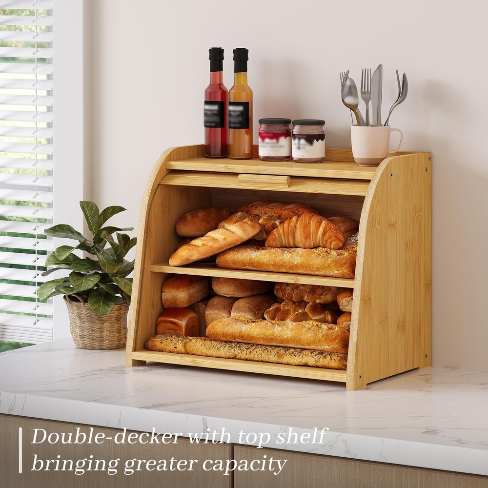 Bread Box for Kitchen Countertop, Bamboo Bread Storage, Double-Layer Roll-Top...