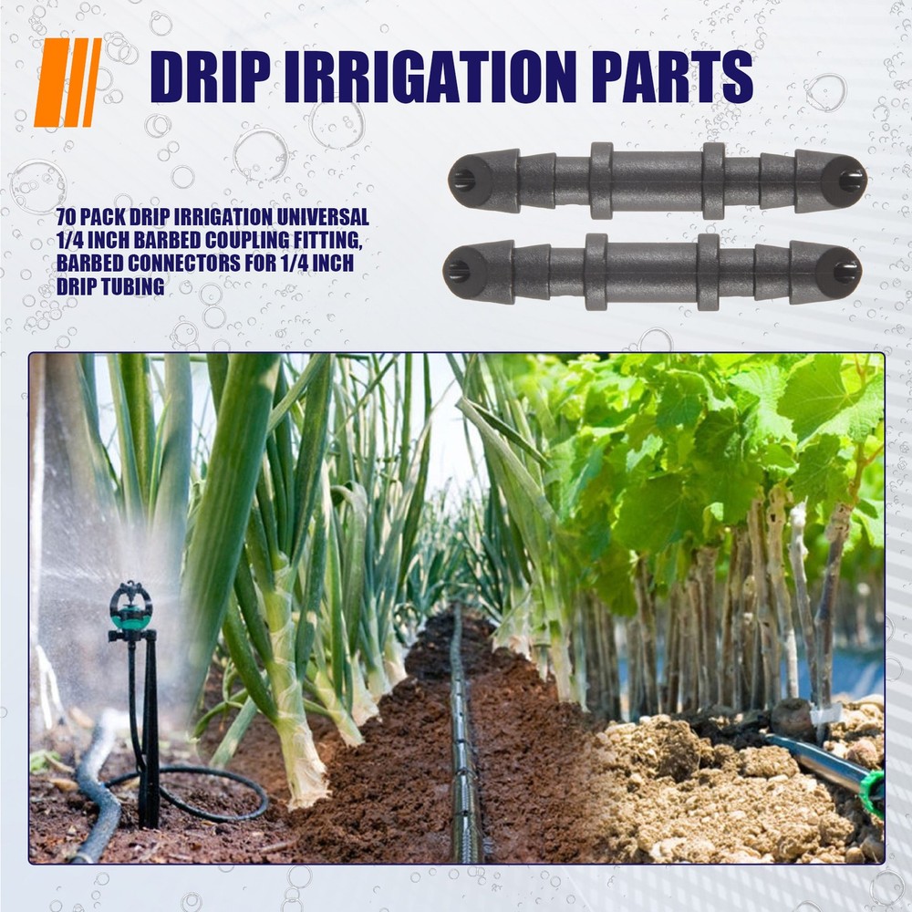 70 Pack Drip Irrigation Universal 1/4 inch Barbed Coupling Fitting, Barbed7203