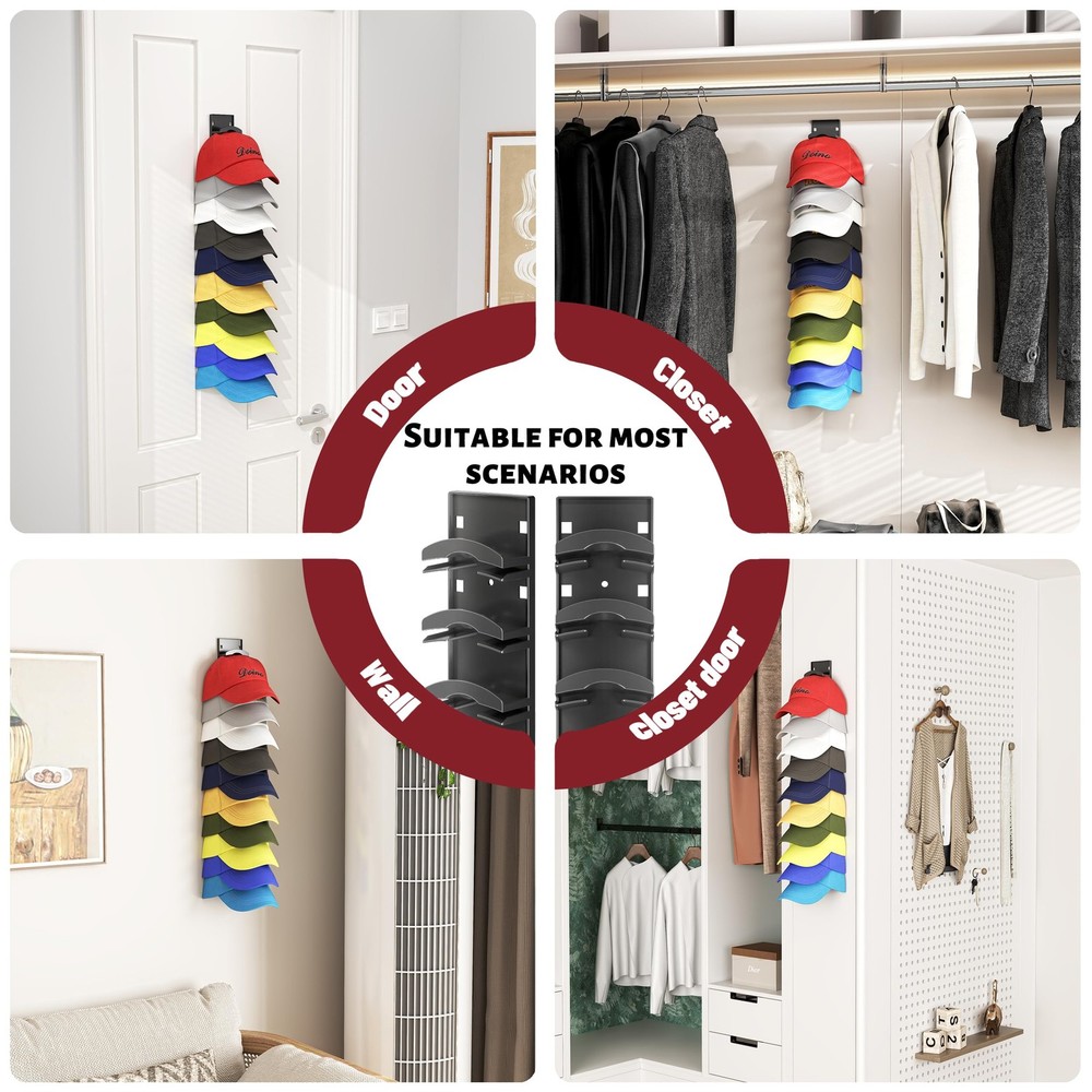 2 Pack Hat Organizer for Wall Holds 20 Baseball Caps Black
