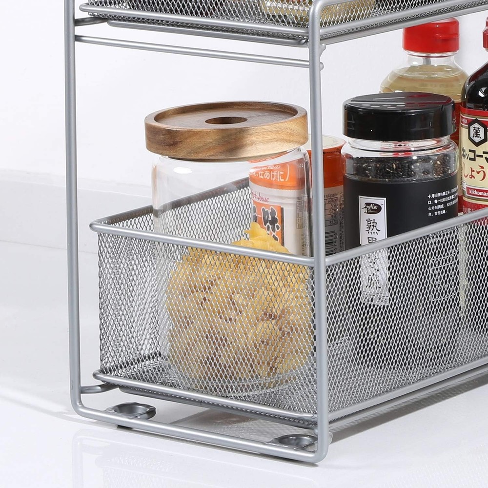 2 Tier Sliding Basket Stackable Cabinet Pull-Out Drawer Mesh Organizer for Ki...