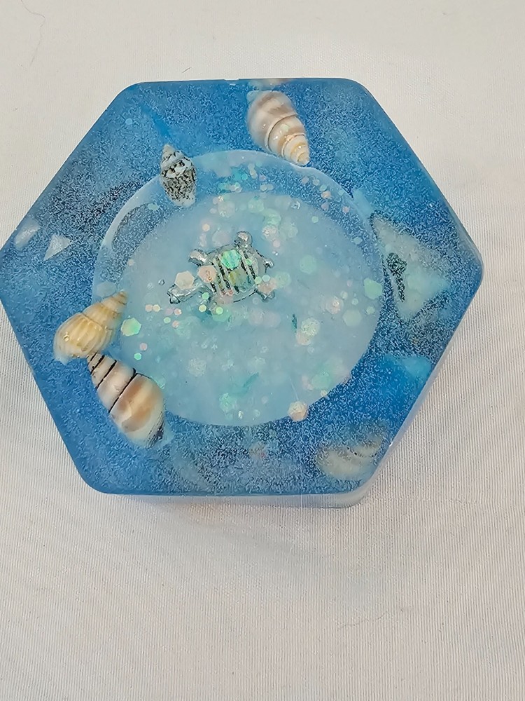 New Handmade Octagon Tea Light Holder - Blue with Shells & Turtle