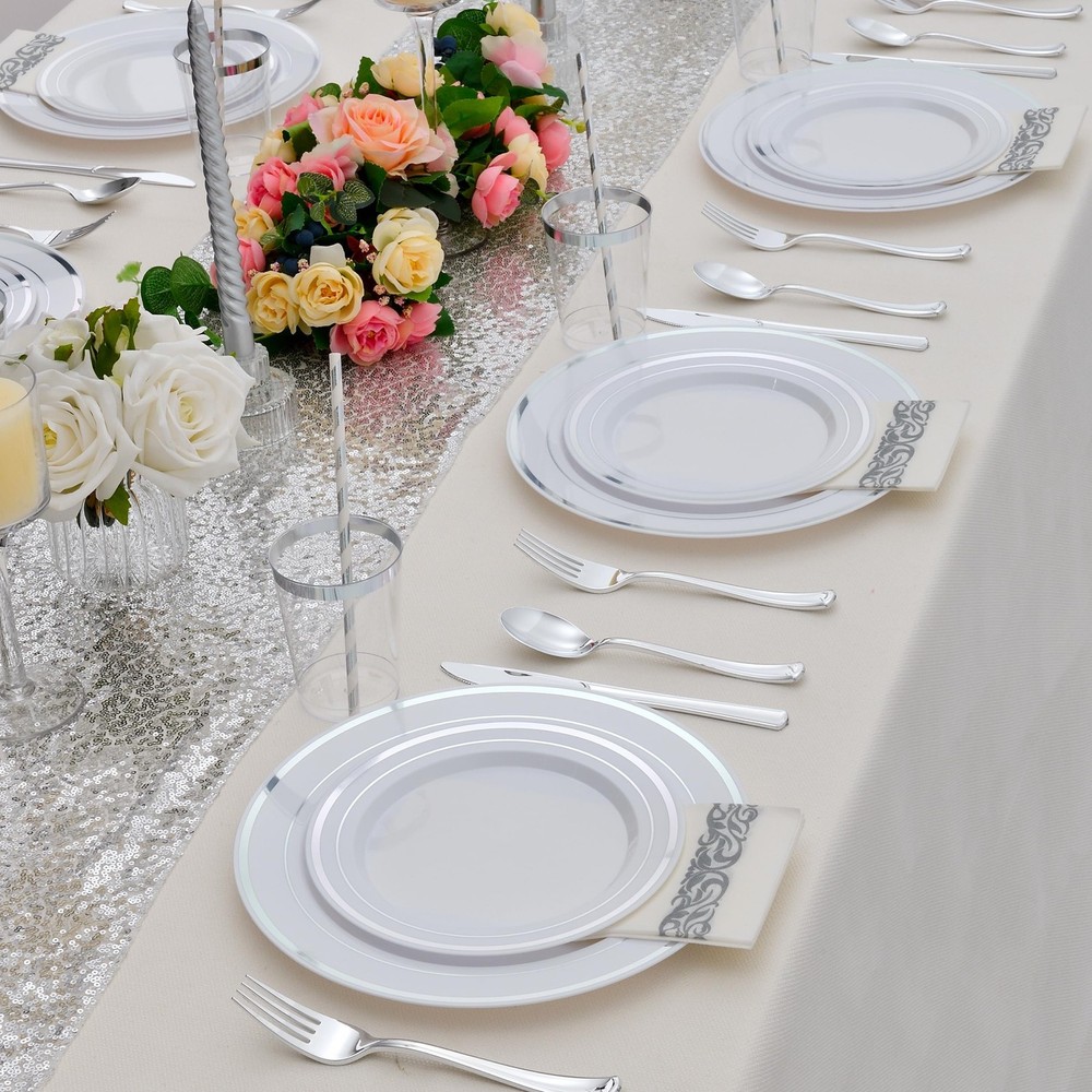 400 PCS Silver Plastic Silverware Set,Disposable Cutlery Set Heavy Duty Flatw...