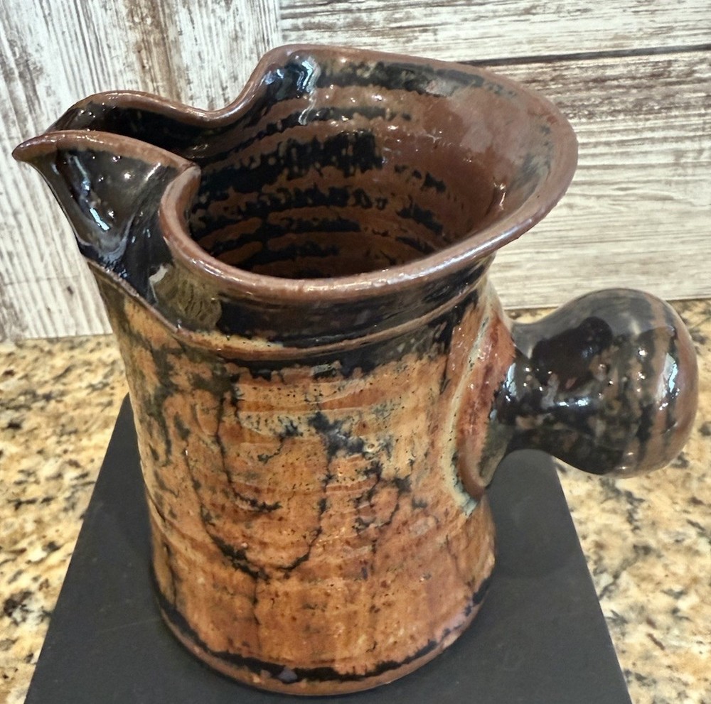 Handmade Pottery Pitcher, Brown/Rust Glaze, Knob Handle, Signed Rustic