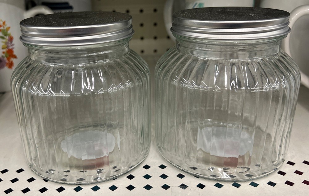 2- Ribbed Glass Jars with Glass Lids, 24 oz.