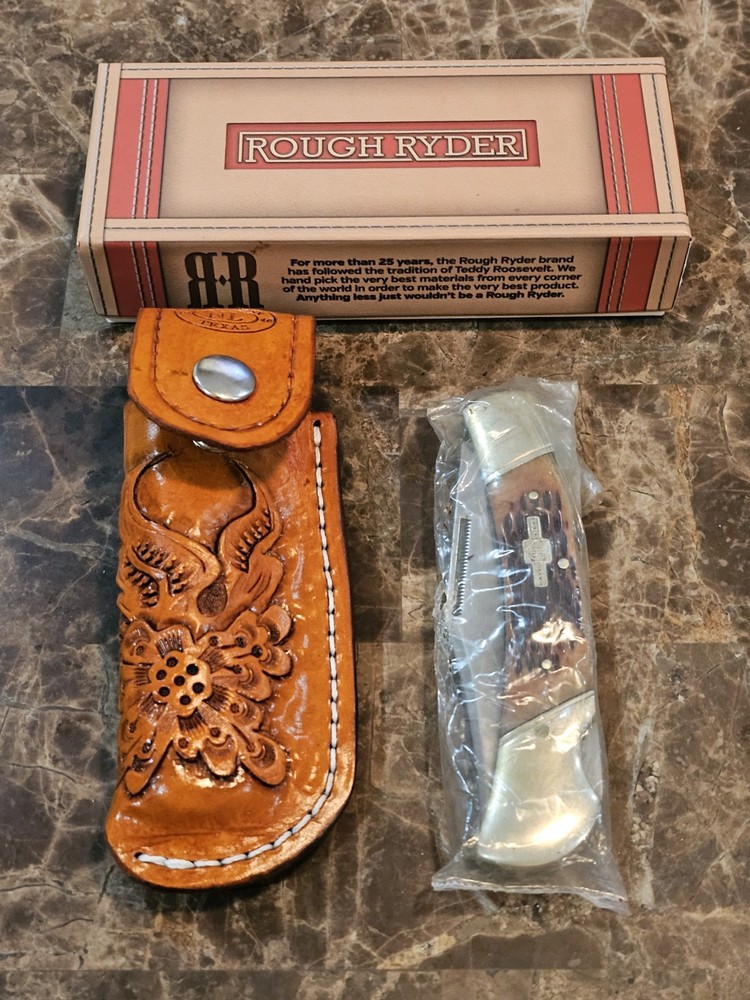 Rough Rider RR066 Stag Bone Handle Folding Knive T" Blade Custom Leather Sheath