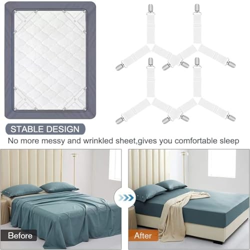 Bed Sheet Holder Straps, Heavy Duty Adjustable Elastic Sheet Clips, Fitted