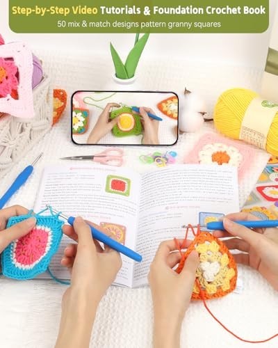 Beginner Crochet Kit with Video Tutorials, 50 Patterns, Upgraded Yarn, Easy Star
