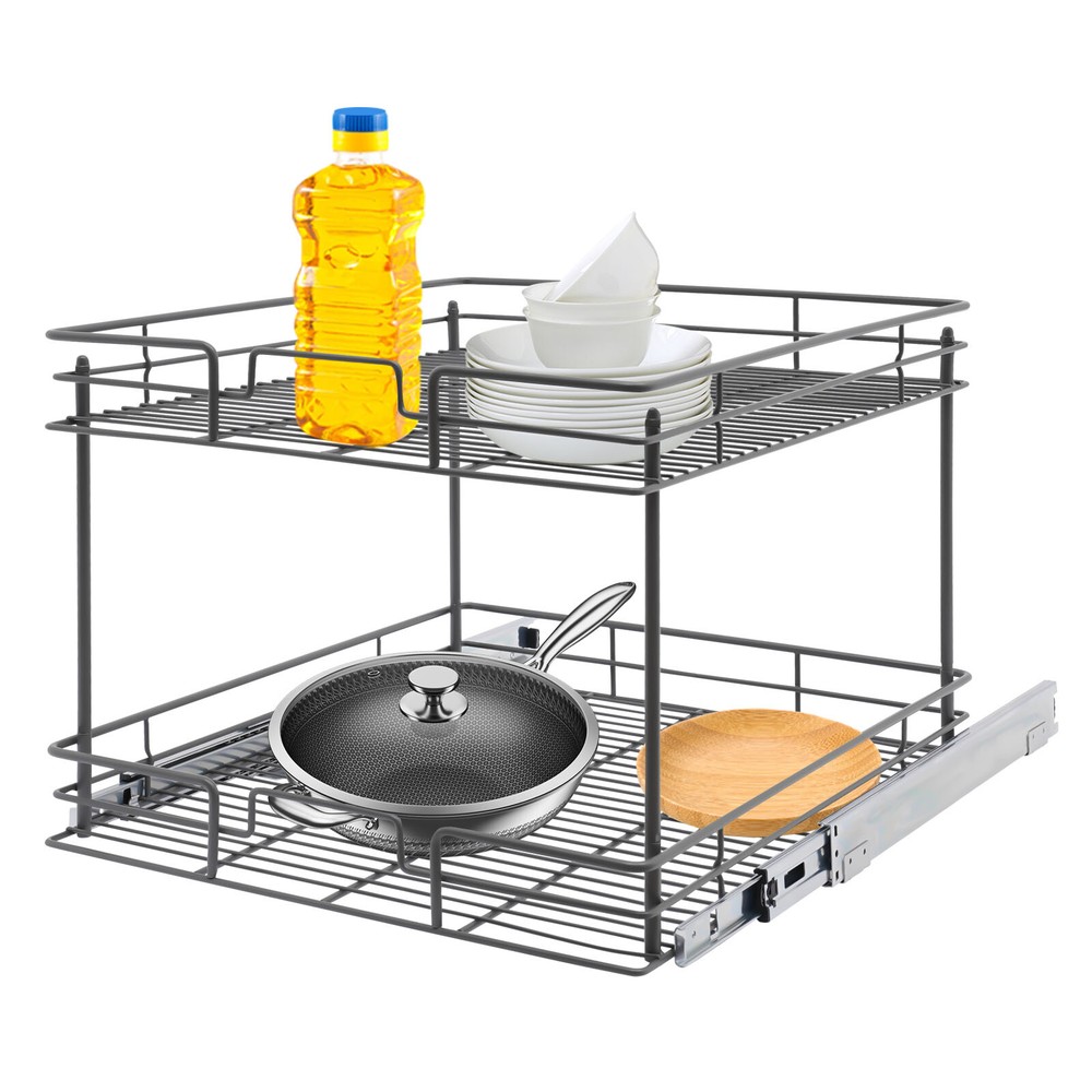2-Tier Kitchen Cabinet Pull Out Shelf and Drawer Organizer Slide Out Gray/Silver