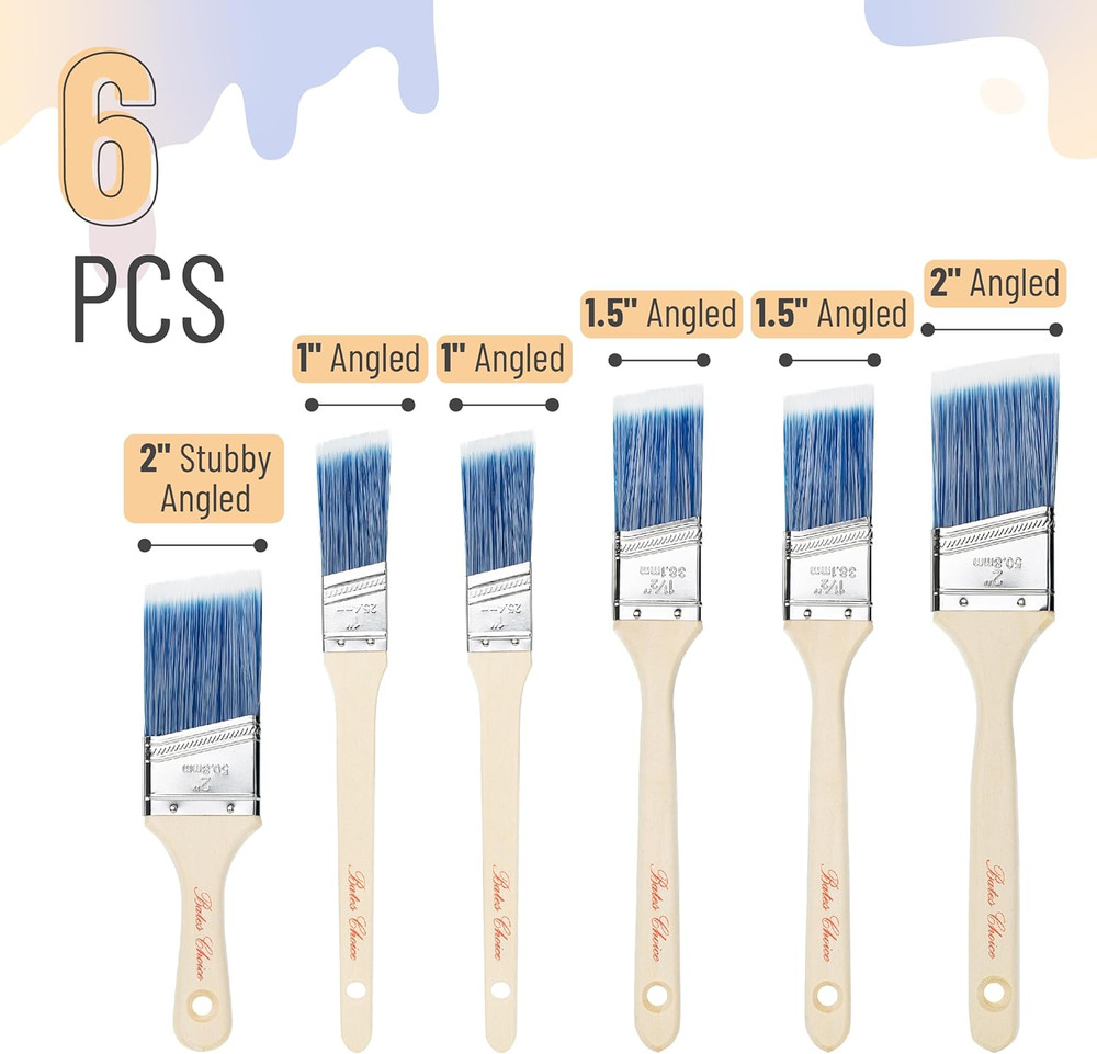 Bates Paint Brushes - 6 Pack, 1", 1.5", 2" Angle Brushes, Treated Wood Handle