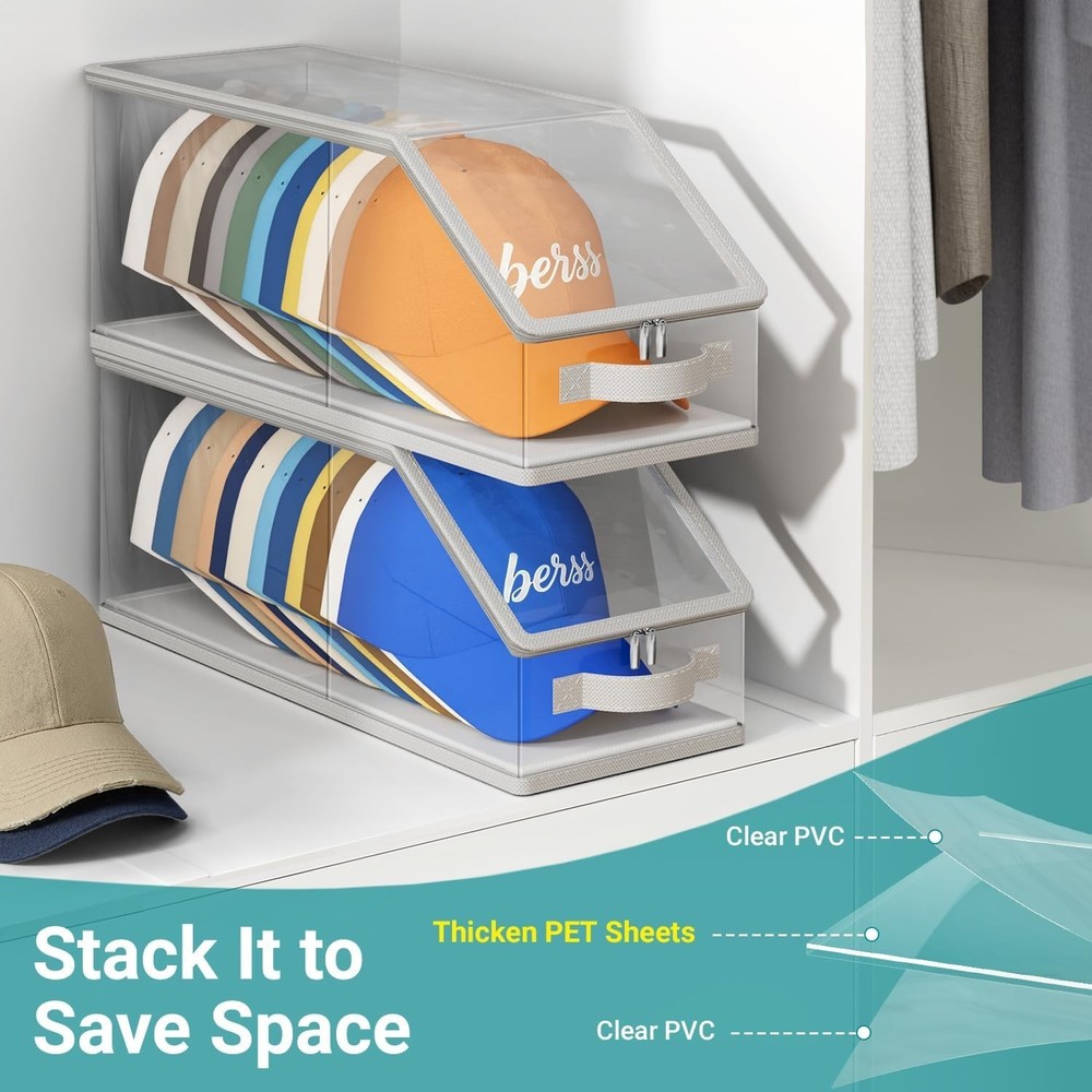 2PCS Stackable Hat Storage for Baseball Caps, Clear Hat Organizer for Closet Hol