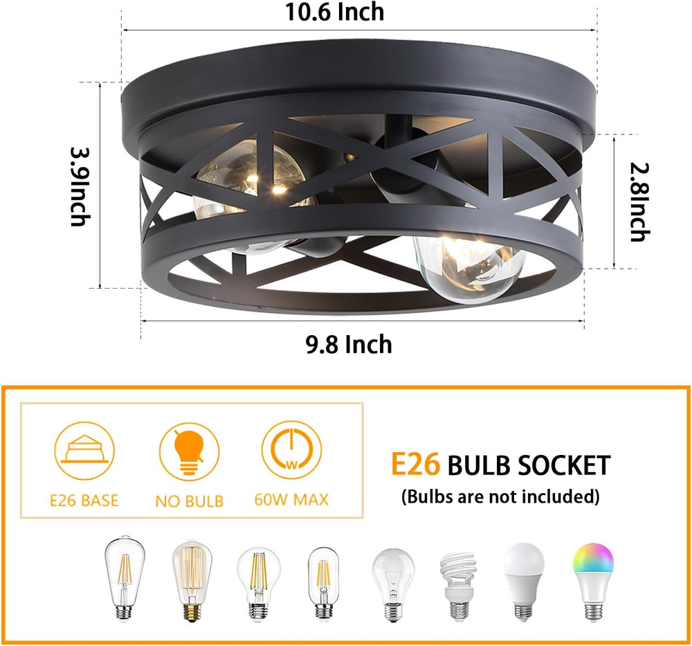 2 Pack Black Farmhouse Flush Mount Ceiling Light,2-Light Rustic Hallway Light Fi