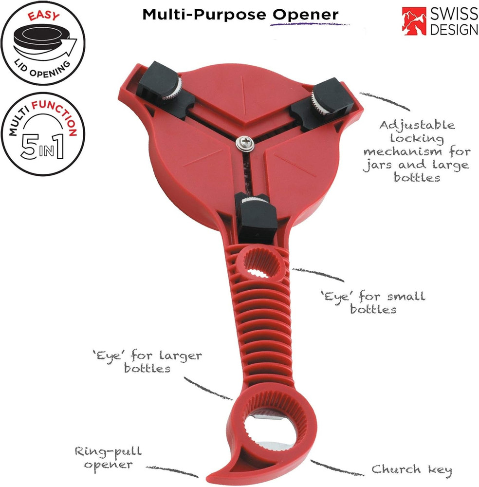 5-In-1 Multi-Purpose Strain-Free Opener for Jars, Bottles and Ring-Pull Cans, 5