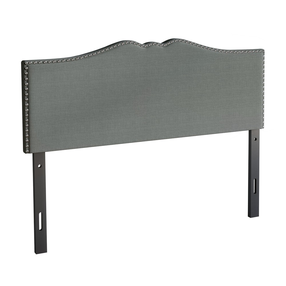 Queen Size Headboard Light Grey Upholstered with Nailhead Trim and Adjustable He