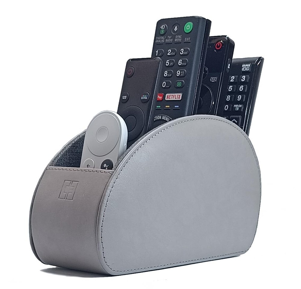 Remote Control Holder with 5 Compartments Grey PU Leather Office Organization
