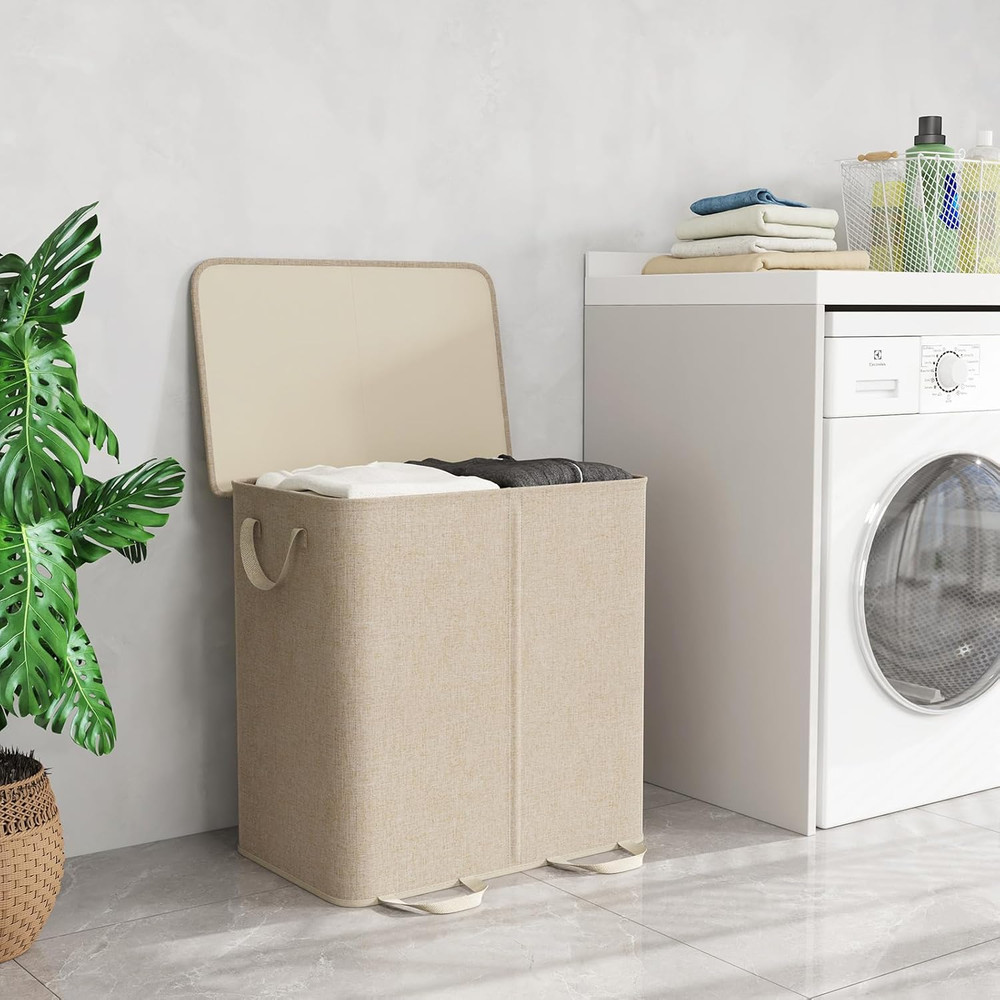 Double Laundry Hamper with Lid and Removable Laundry Bags, Large Collapsible 2 D