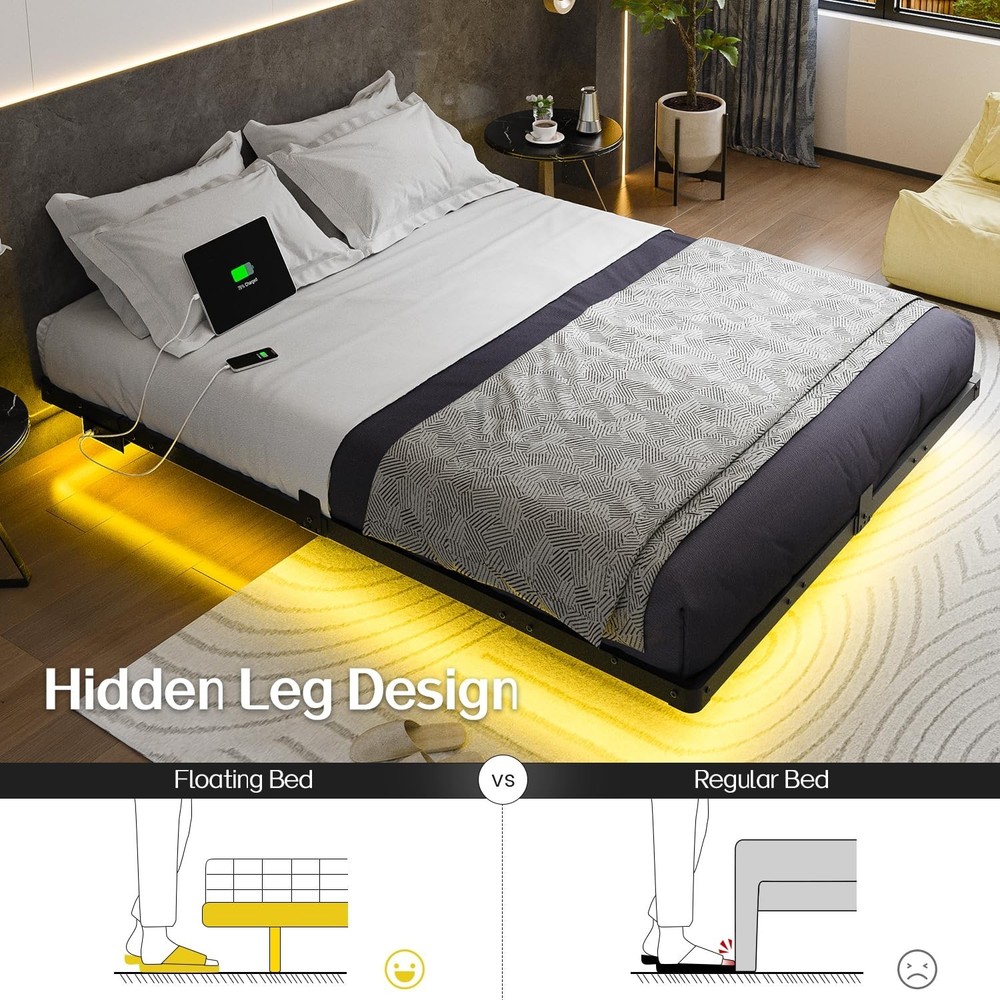 Queen Size Floating Bed Frame with USB Charging Station and LED Lights, Moder...