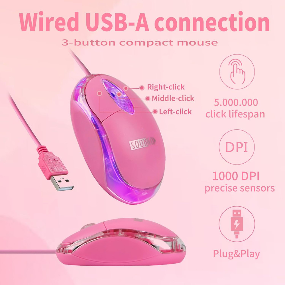 SOON GO Pink Mouse,Computer Mouse,With 1.5M Pink USB Cable - Compatible