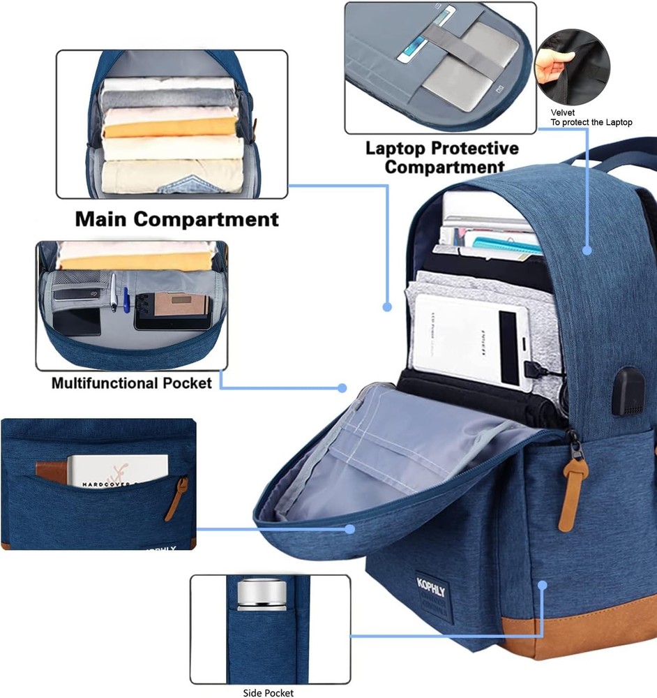 Laptop Backpack with Leather Decoration, USB Charging Port, Classic Backpack ...