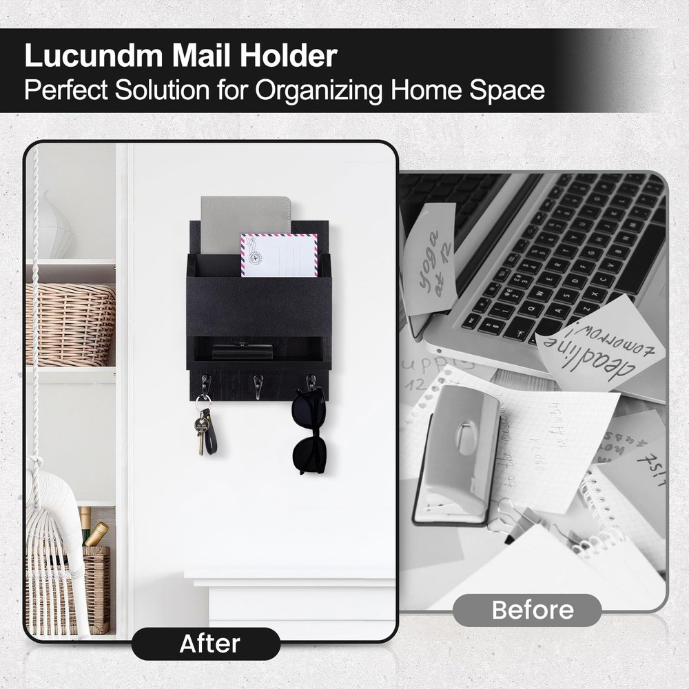 Black Key, Mail Holder, Wall, Chalkboard, Storage Box, 3 Hooks, Entryway, Org