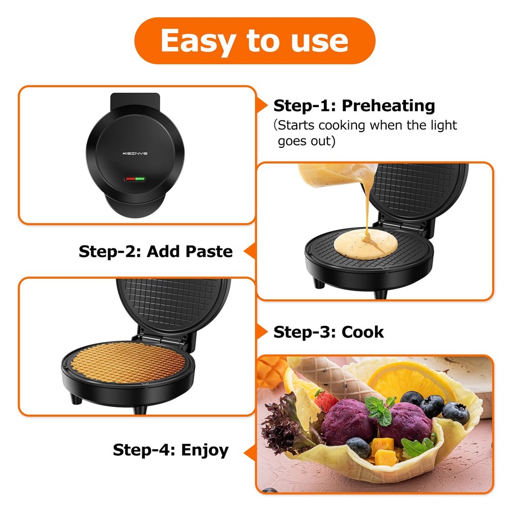 Waffle Cone Maker, 750W Thin Waffle Maker (Ice Cream Cone) with Shaper Roller...